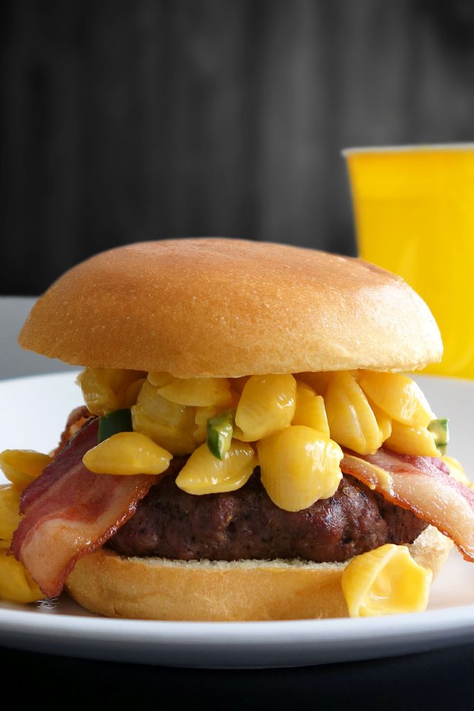 The mac and cheese burger - topped with bacon and jalapeño mac & cheese!