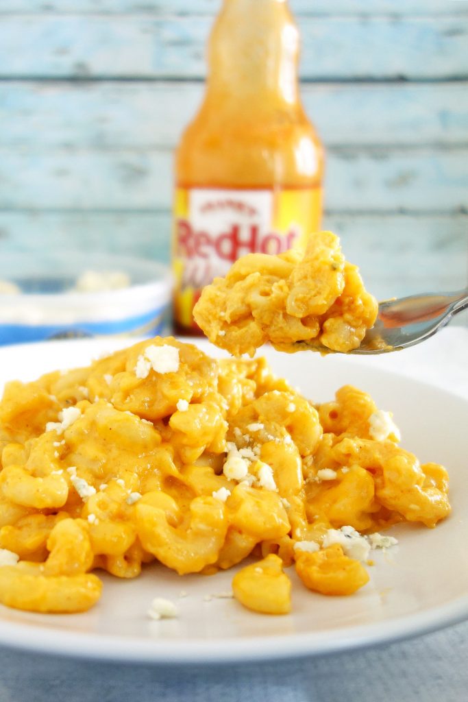 Buffalo chicken mac and cheese is an amazing size or main dish. Topped off with delicious blue cheese.